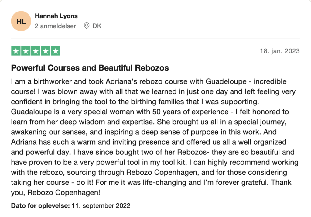 Trustpilot review of Rebozo Copenhagen course and products